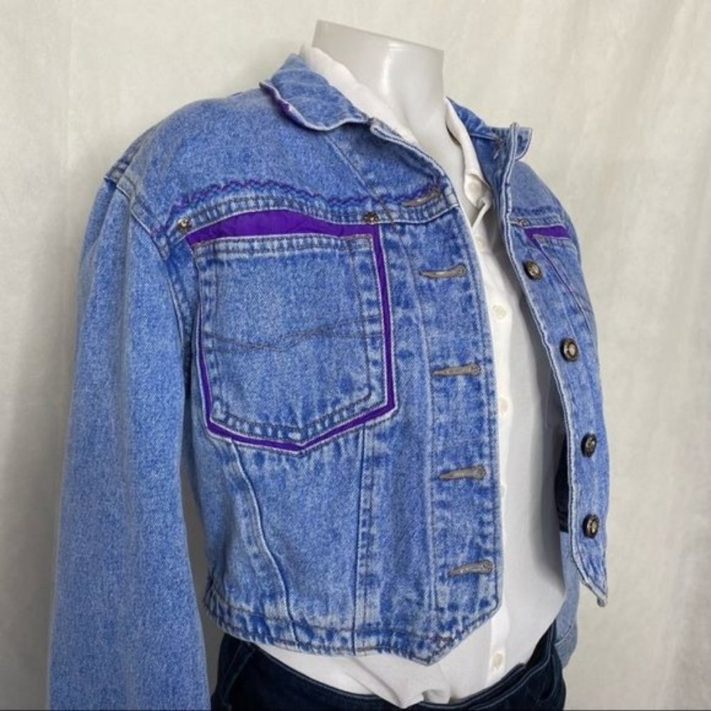 Vintage Ethics Jean Jacket Embroidered Cropped Pearl Button  Purple Details S - Picture 6 of 12